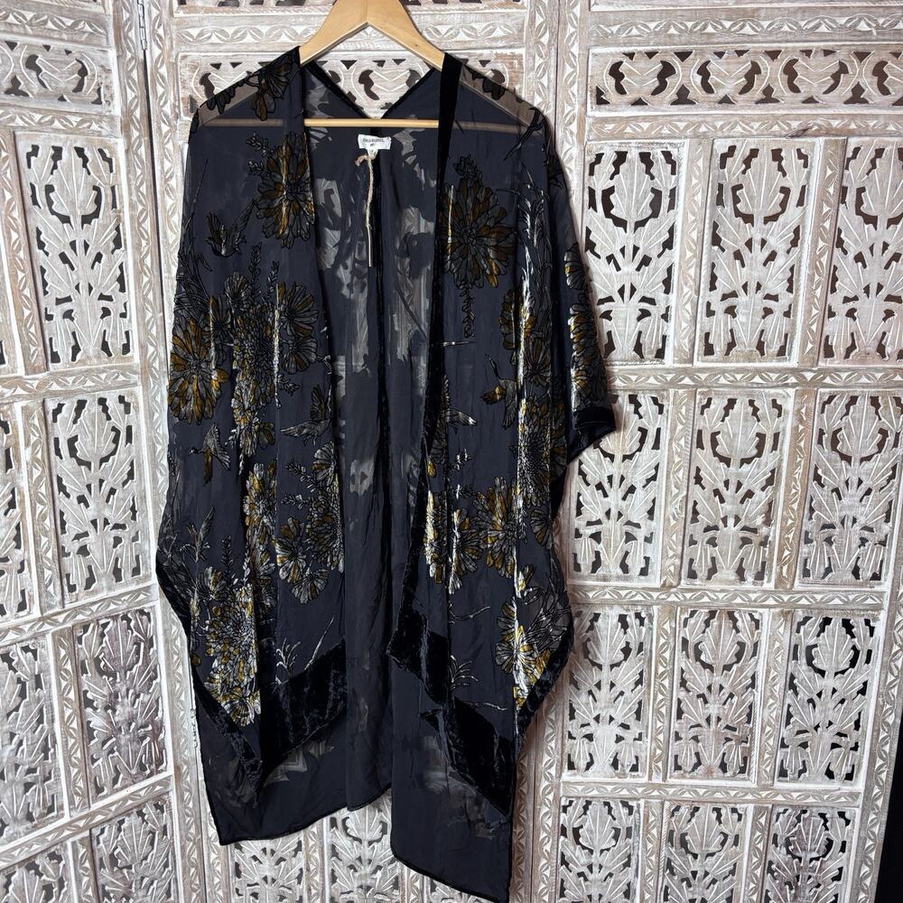 NWT World Market Floral Velvet Burnout Kimono Wrap Black Gold Silver Birds OS